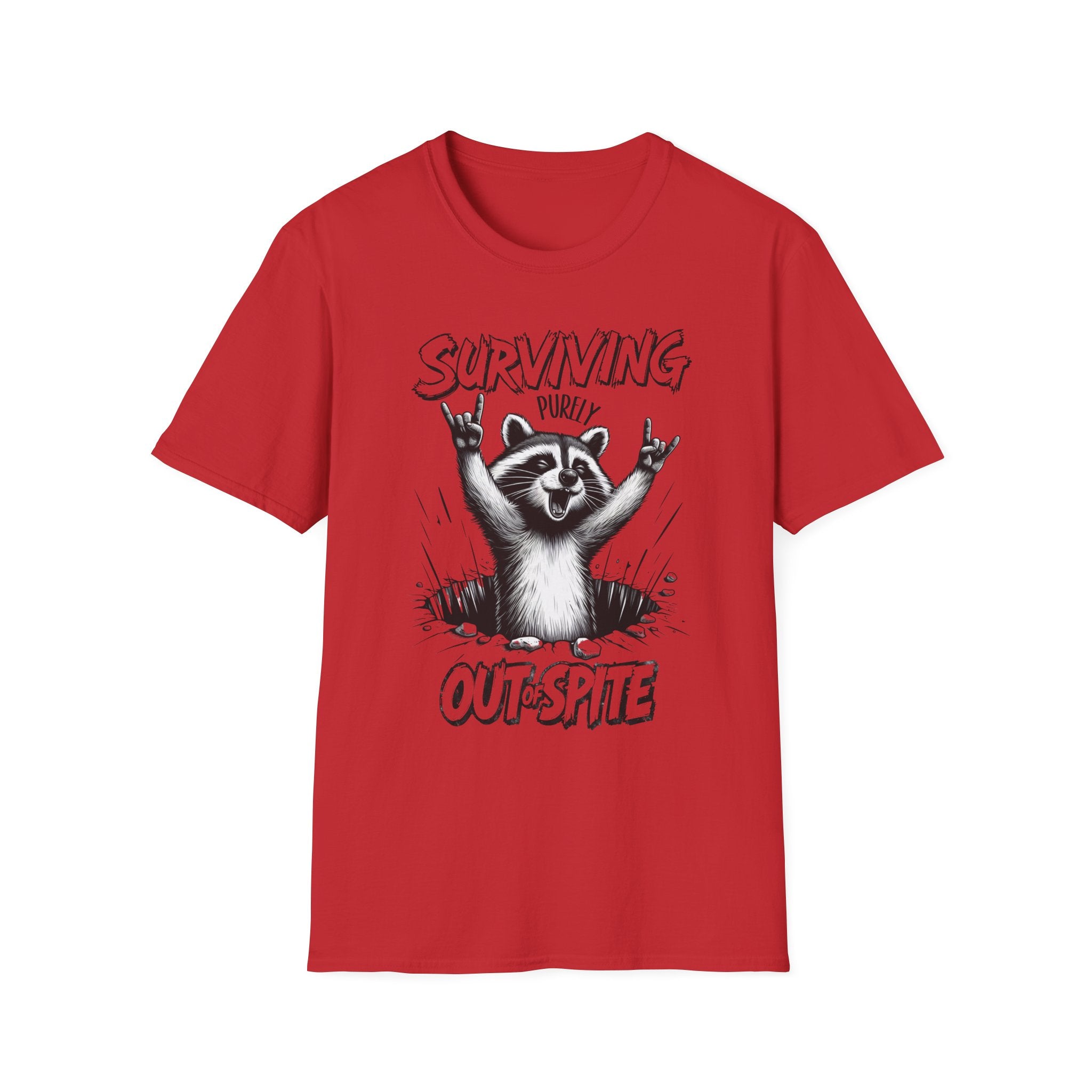 Raccoon Rocker T-Shirt | Surviving Out of Spite | Unisex Humor Top, Gift for Animal Lovers, Fun Casual Wear, Music Lovers Tee, Unique