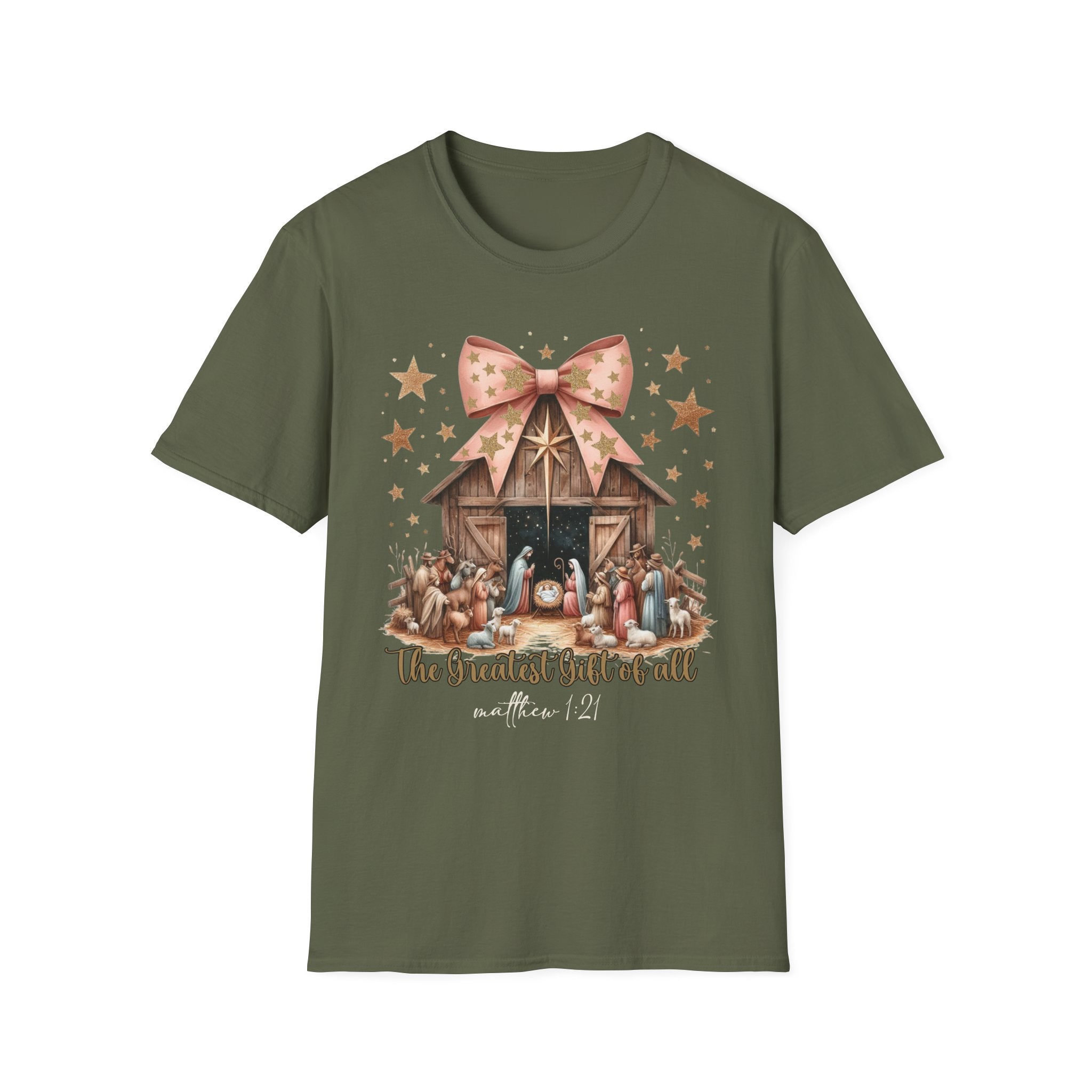 Nativity Scene T-Shirt, Christmas Gift, Holiday Apparel, Faith-Based Top, Family Gathering Tee, Religious Celebrations, Unisex Softstyle Tee