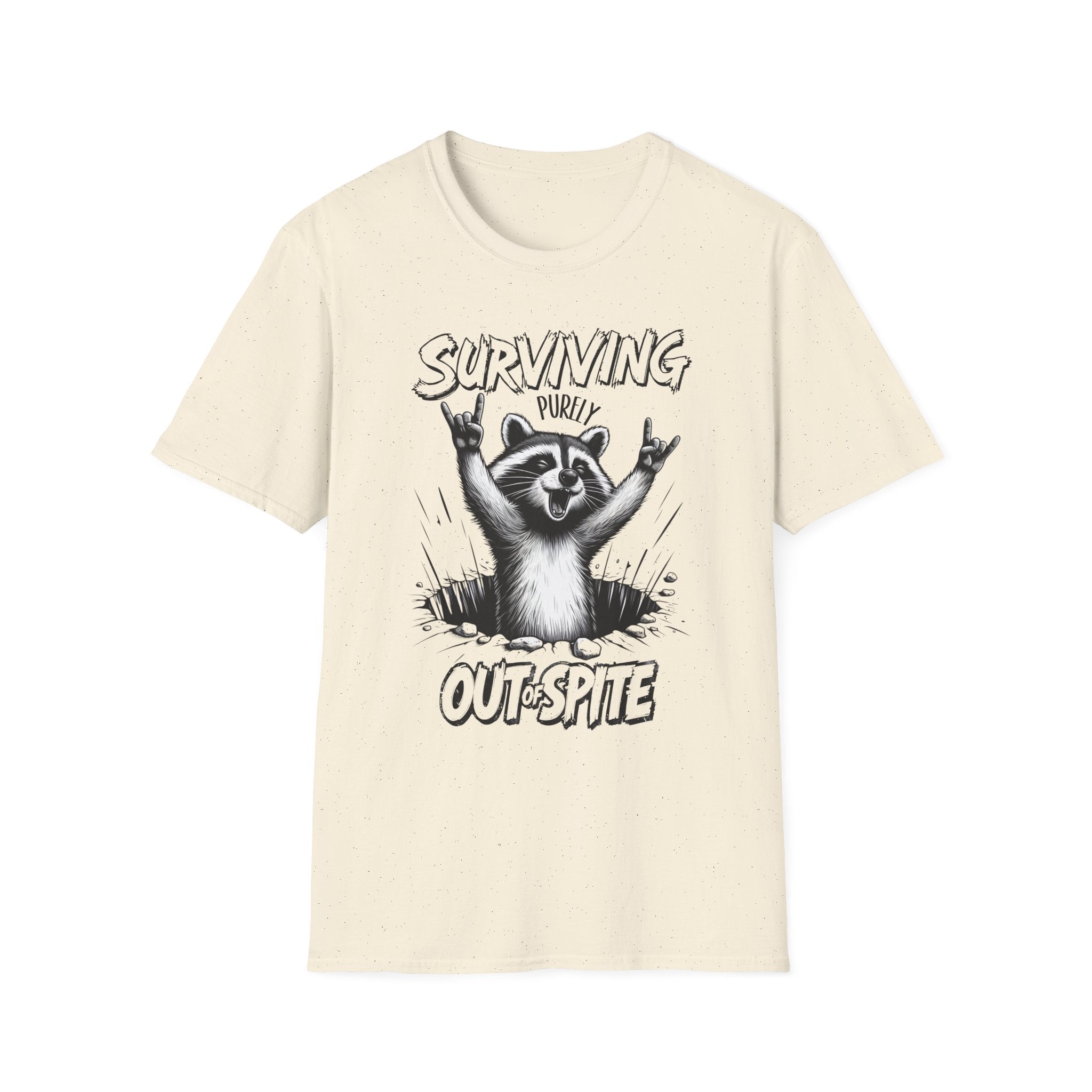 Raccoon Rocker T-Shirt | Surviving Out of Spite | Unisex Humor Top, Gift for Animal Lovers, Fun Casual Wear, Music Lovers Tee, Unique