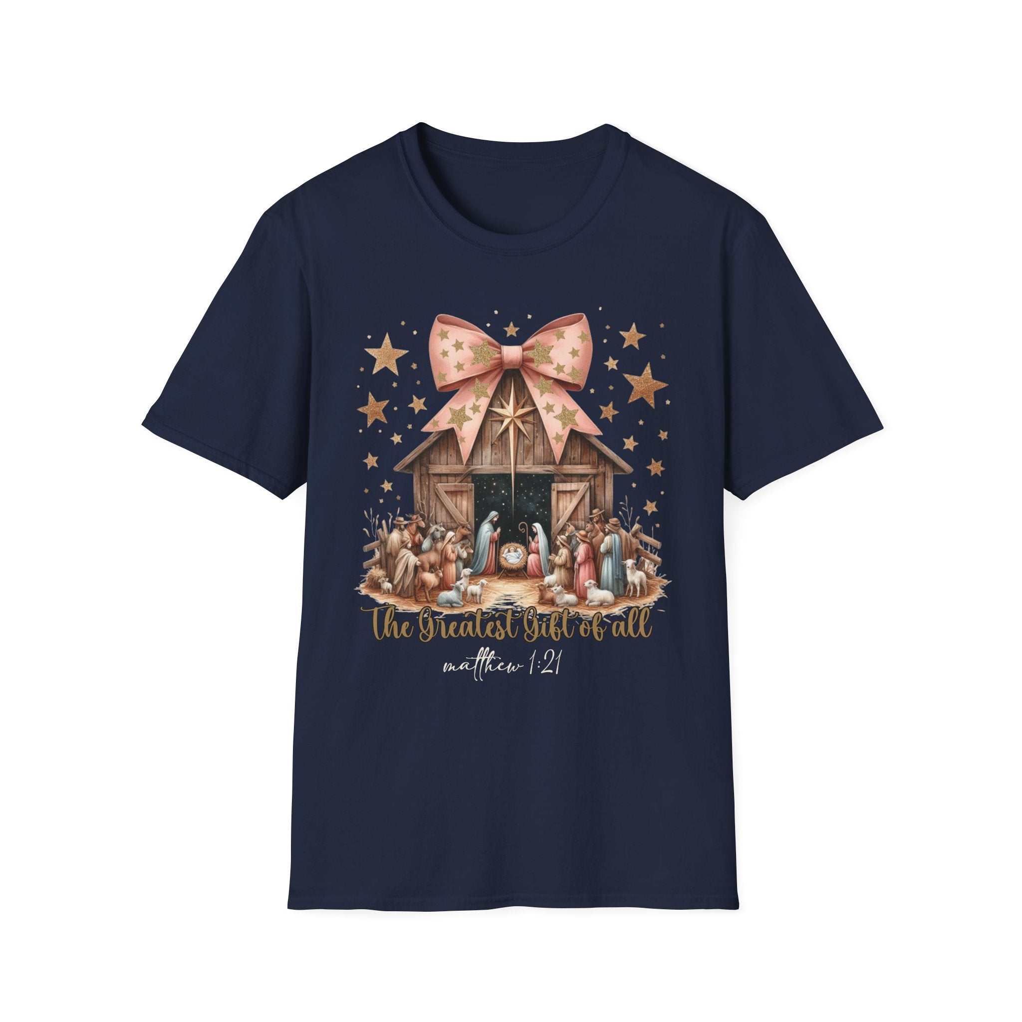 Nativity Scene T-Shirt, Christmas Gift, Holiday Apparel, Faith-Based Top, Family Gathering Tee, Religious Celebrations, Unisex Softstyle Tee