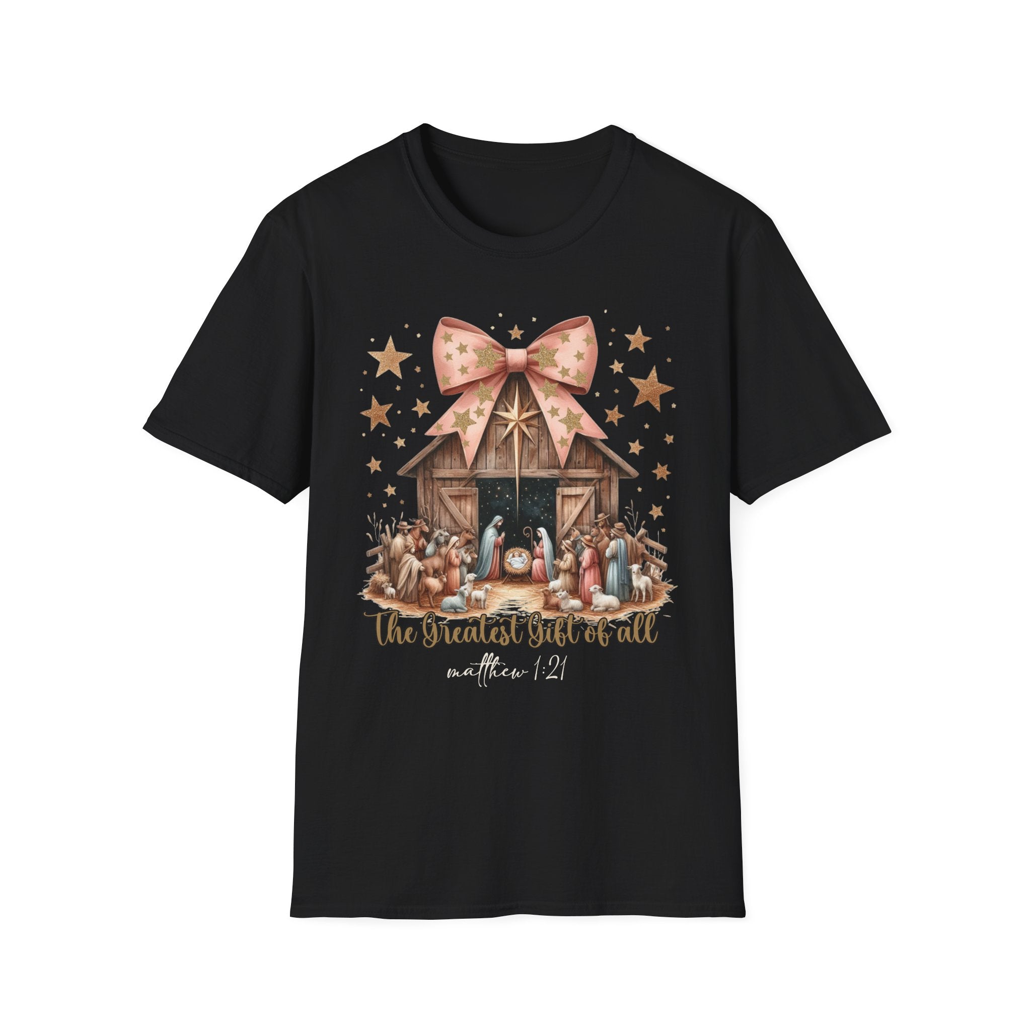 Nativity Scene T-Shirt, Christmas Gift, Holiday Apparel, Faith-Based Top, Family Gathering Tee, Religious Celebrations, Unisex Softstyle Tee