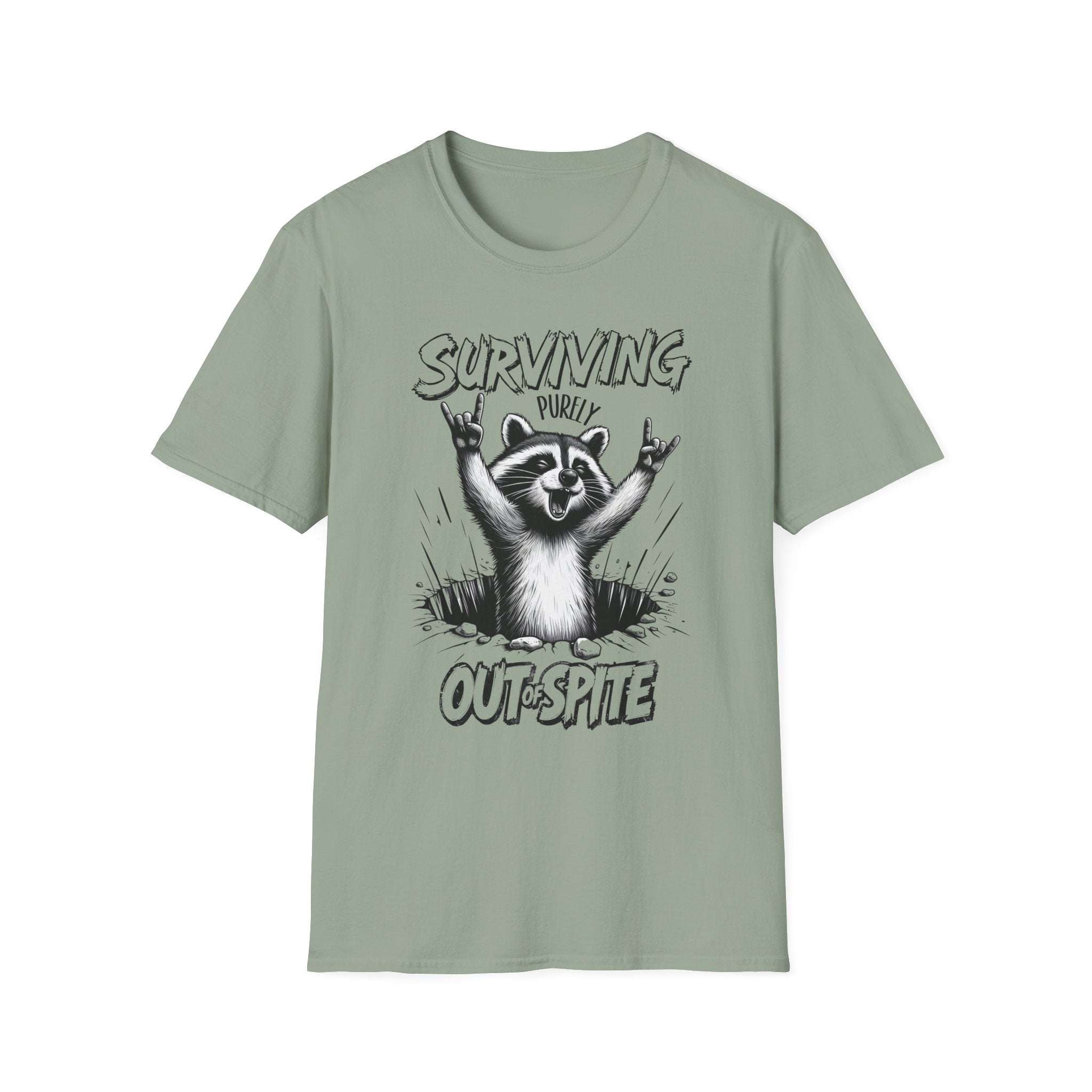 Raccoon Rocker T-Shirt | Surviving Out of Spite | Unisex Humor Top, Gift for Animal Lovers, Fun Casual Wear, Music Lovers Tee, Unique