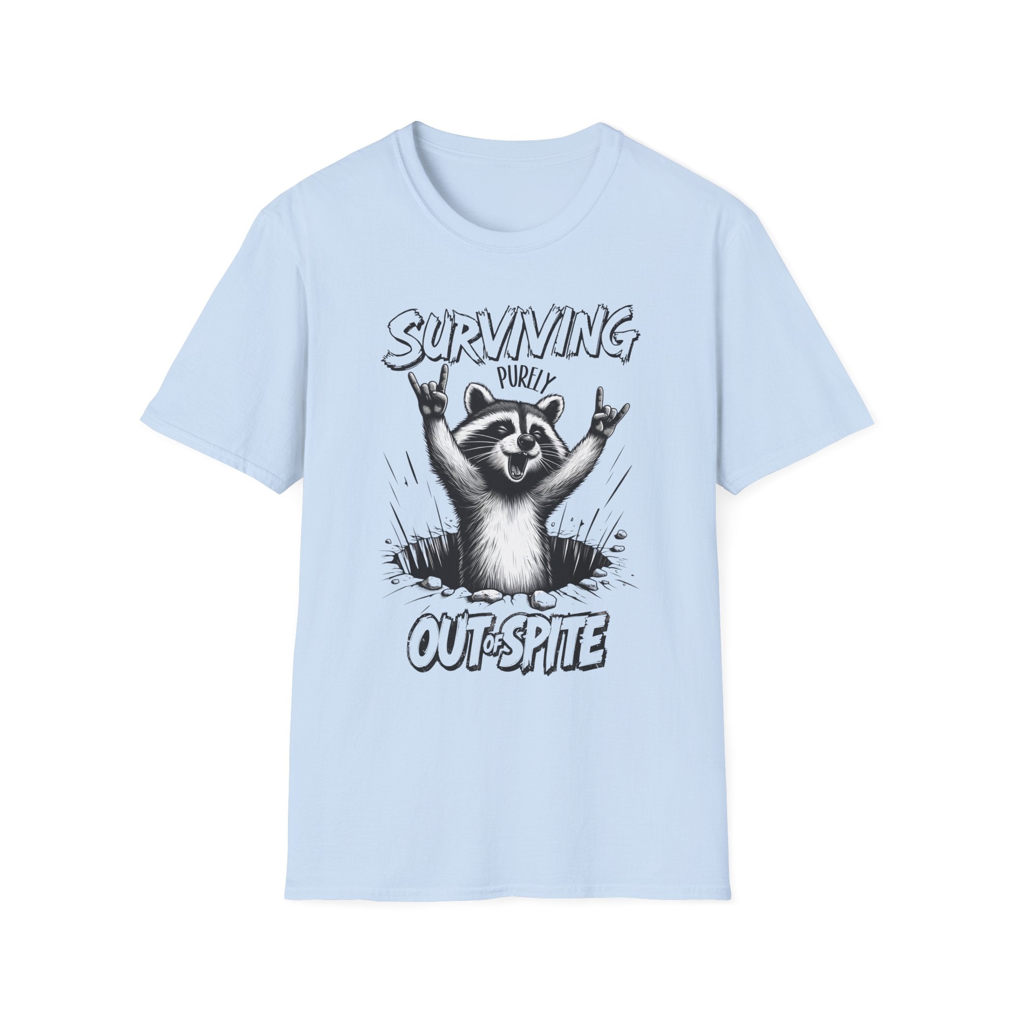 Raccoon Rocker T-Shirt | Surviving Out of Spite | Unisex Humor Top, Gift for Animal Lovers, Fun Casual Wear, Music Lovers Tee, Unique