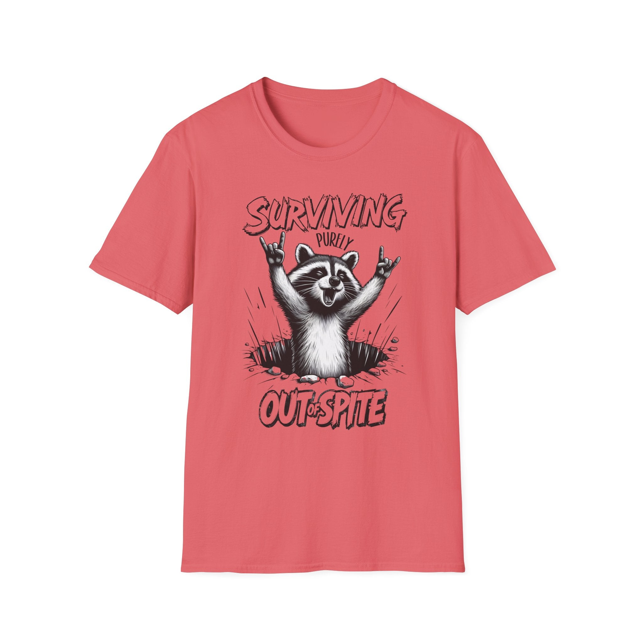 Raccoon Rocker T-Shirt | Surviving Out of Spite | Unisex Humor Top, Gift for Animal Lovers, Fun Casual Wear, Music Lovers Tee, Unique
