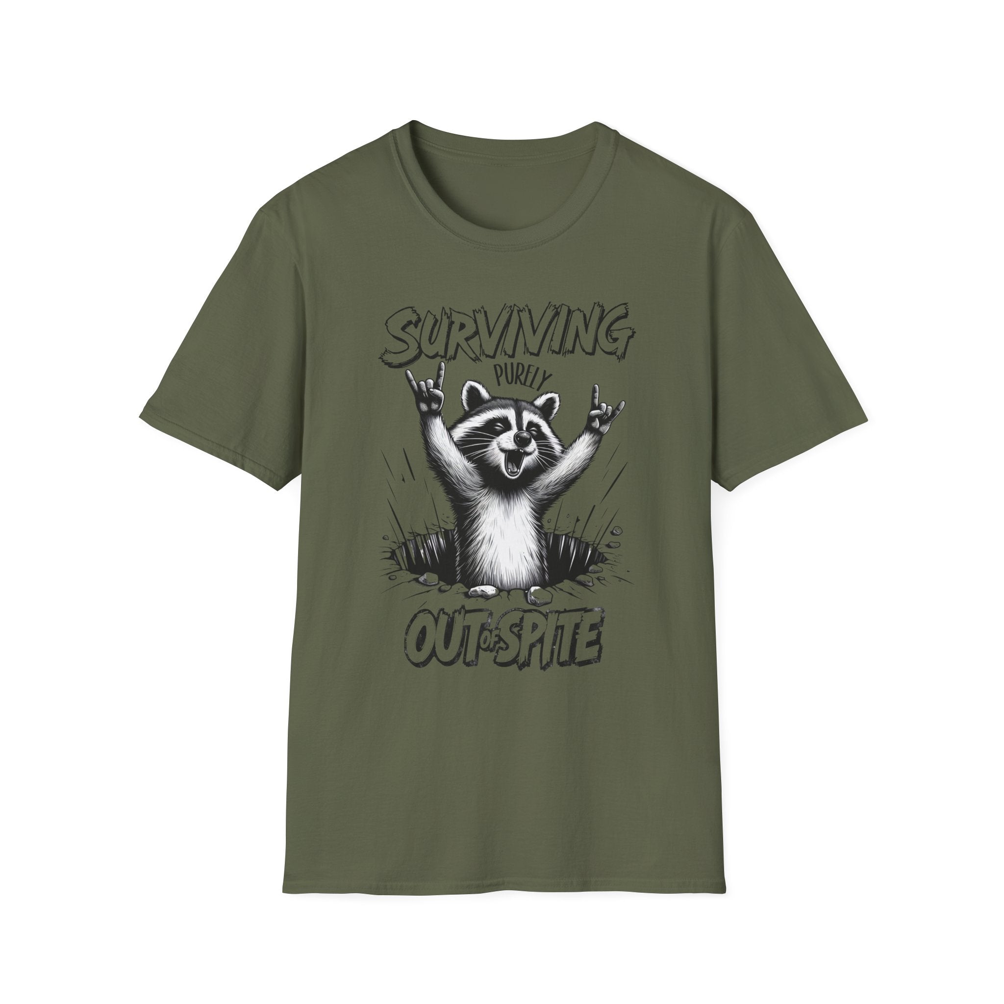 Raccoon Rocker T-Shirt | Surviving Out of Spite | Unisex Humor Top, Gift for Animal Lovers, Fun Casual Wear, Music Lovers Tee, Unique