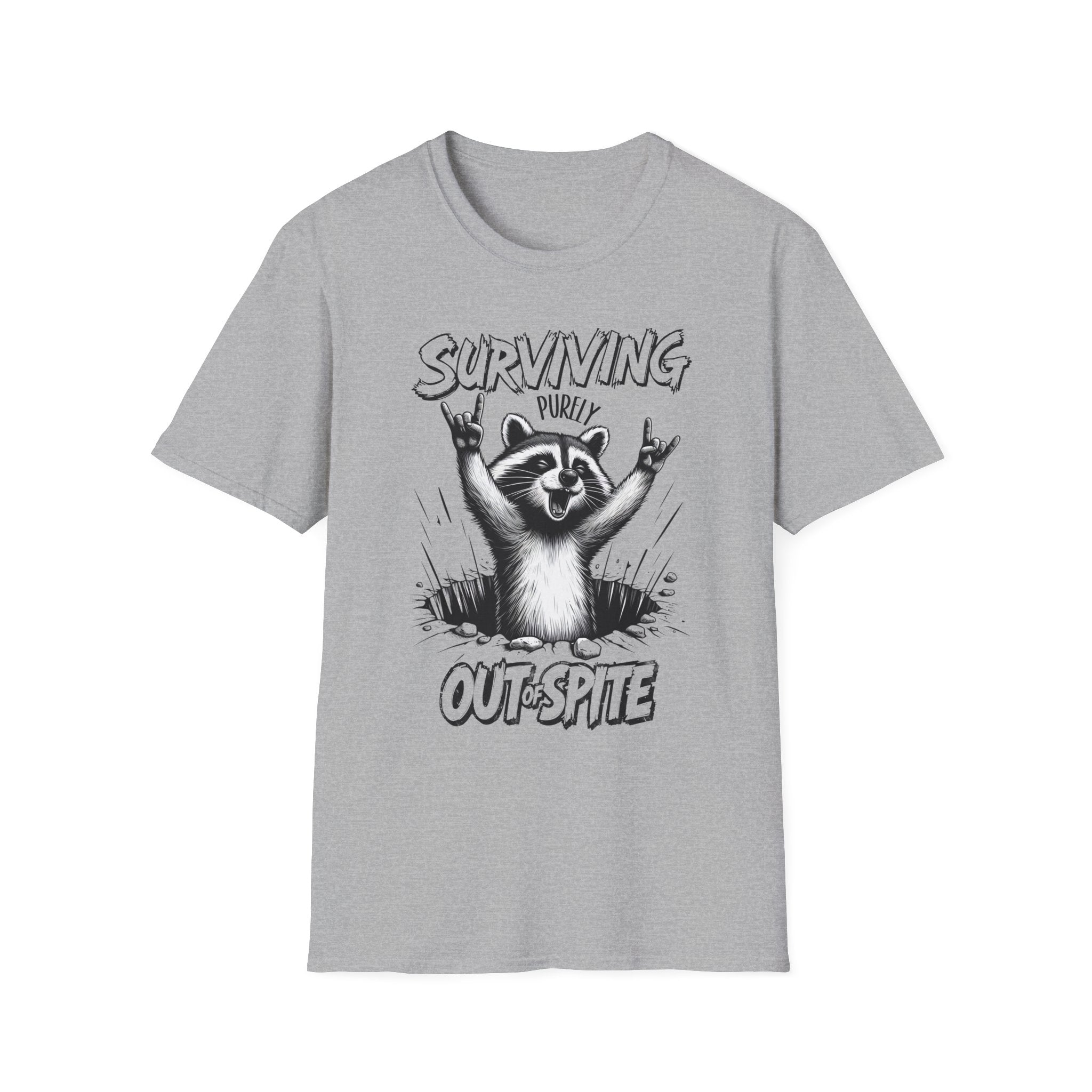 Raccoon Rocker T-Shirt | Surviving Out of Spite | Unisex Humor Top, Gift for Animal Lovers, Fun Casual Wear, Music Lovers Tee, Unique
