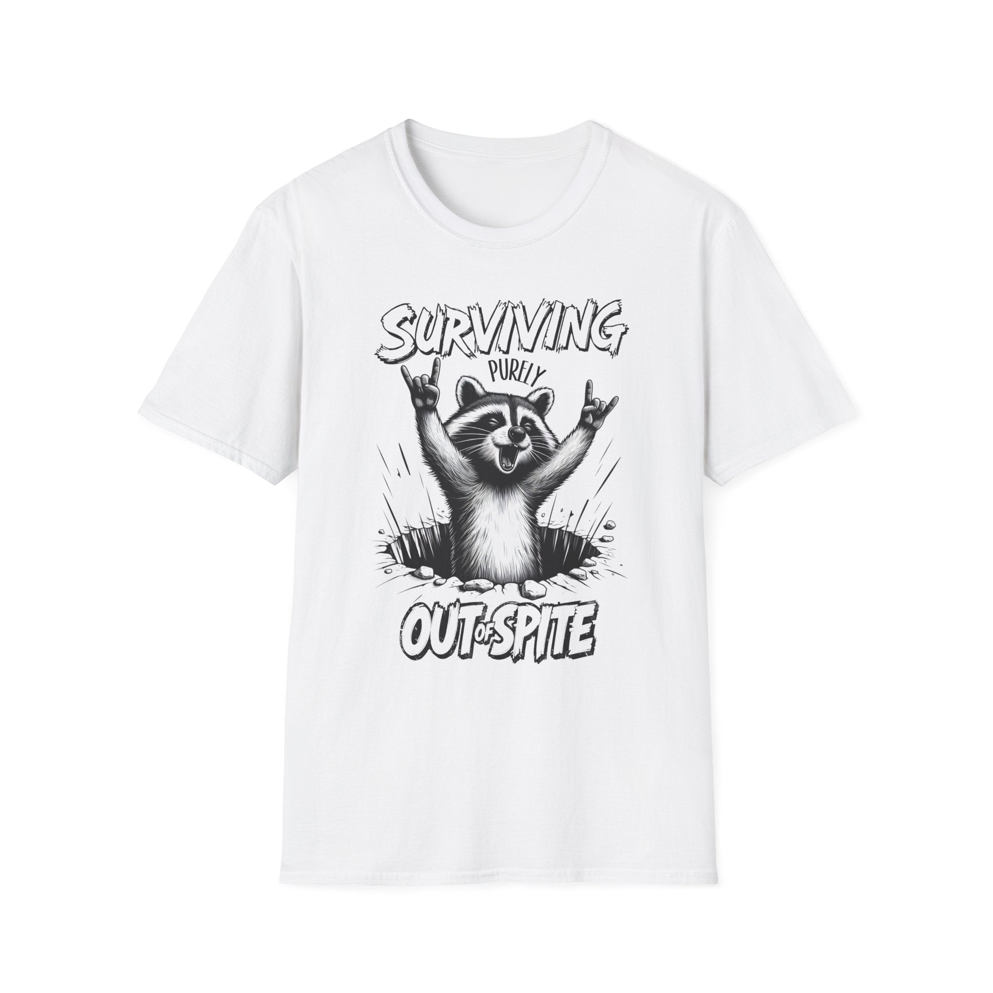 Raccoon Rocker T-Shirt | Surviving Out of Spite | Unisex Humor Top, Gift for Animal Lovers, Fun Casual Wear, Music Lovers Tee, Unique