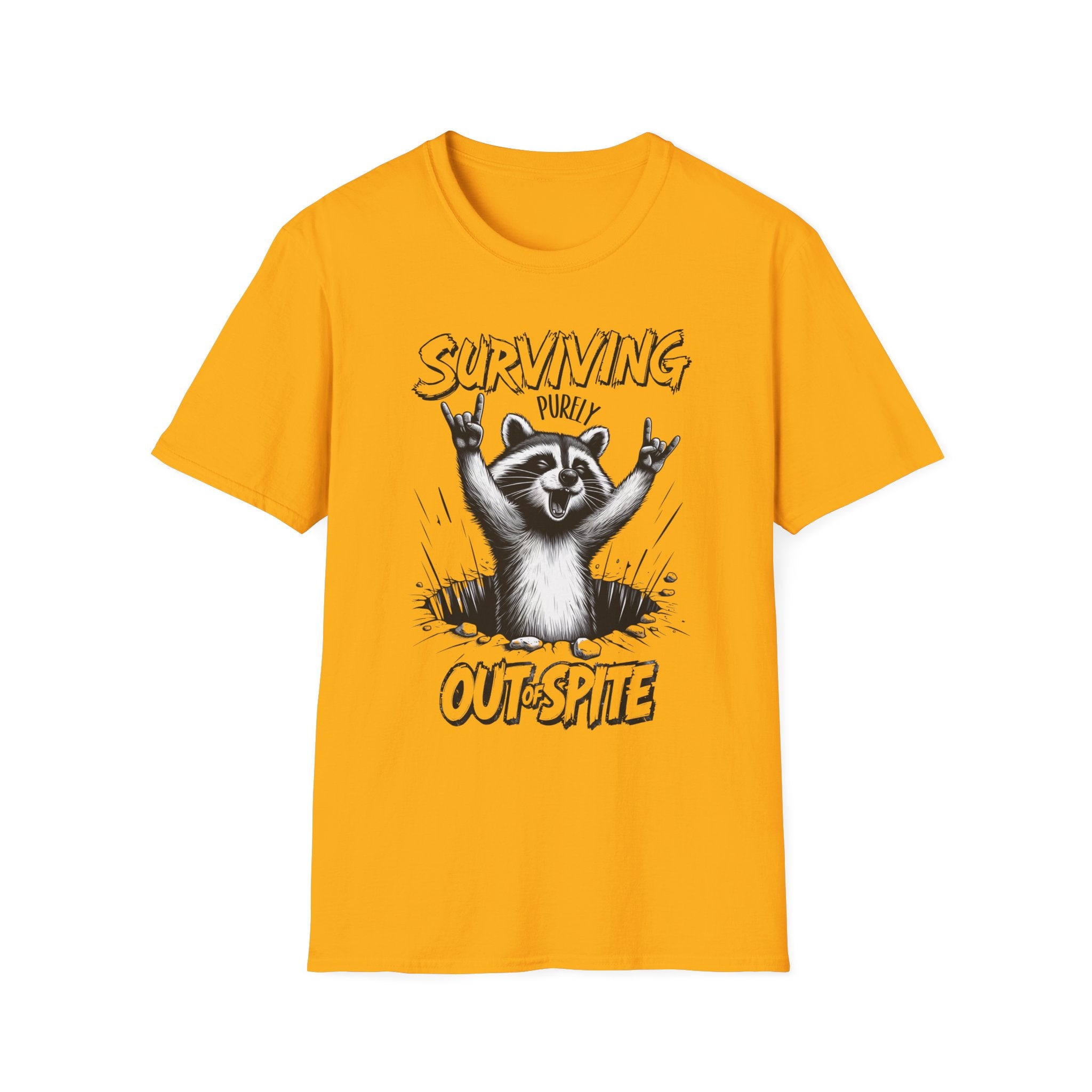 Raccoon Rocker T-Shirt | Surviving Out of Spite | Unisex Humor Top, Gift for Animal Lovers, Fun Casual Wear, Music Lovers Tee, Unique