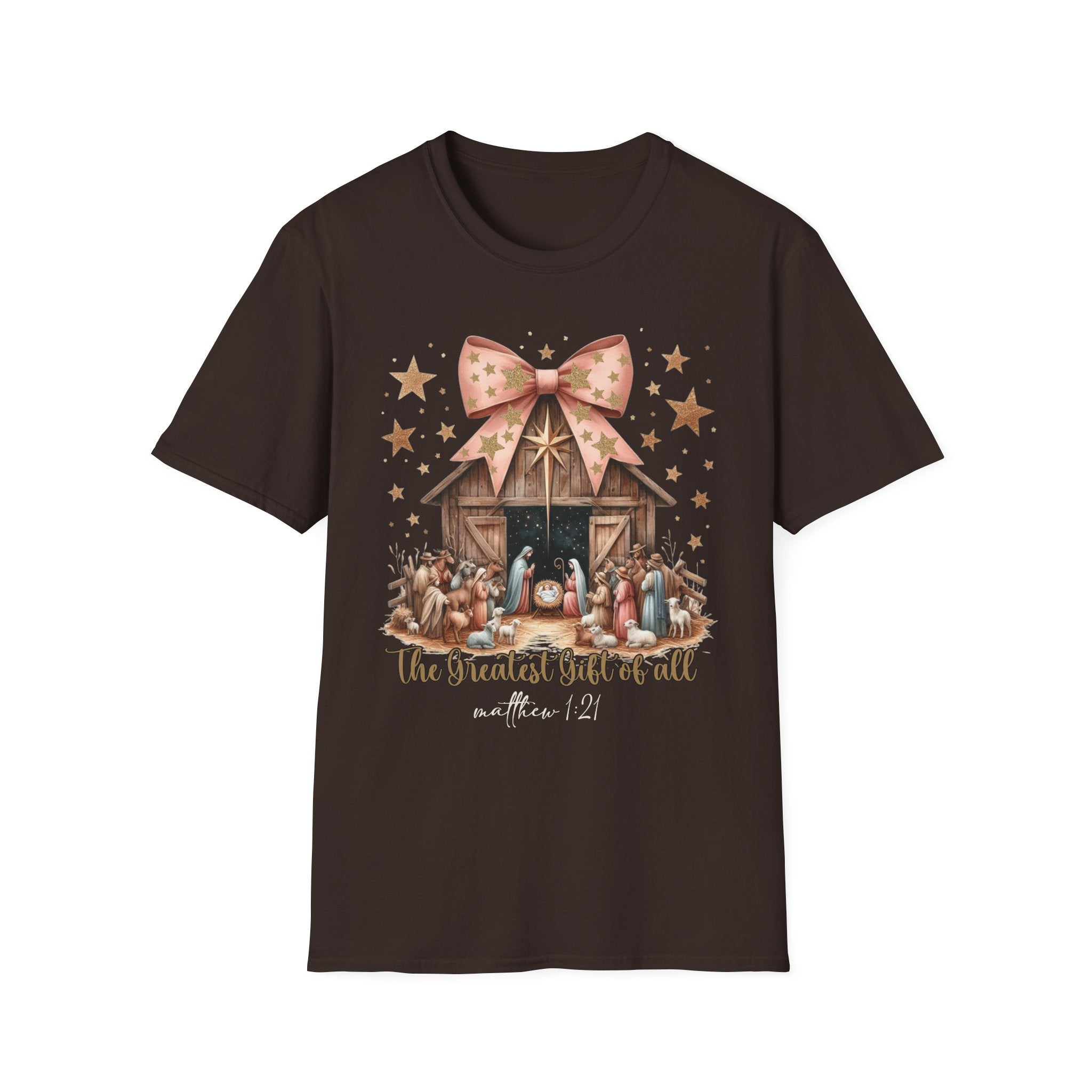 Nativity Scene T-Shirt, Christmas Gift, Holiday Apparel, Faith-Based Top, Family Gathering Tee, Religious Celebrations, Unisex Softstyle Tee