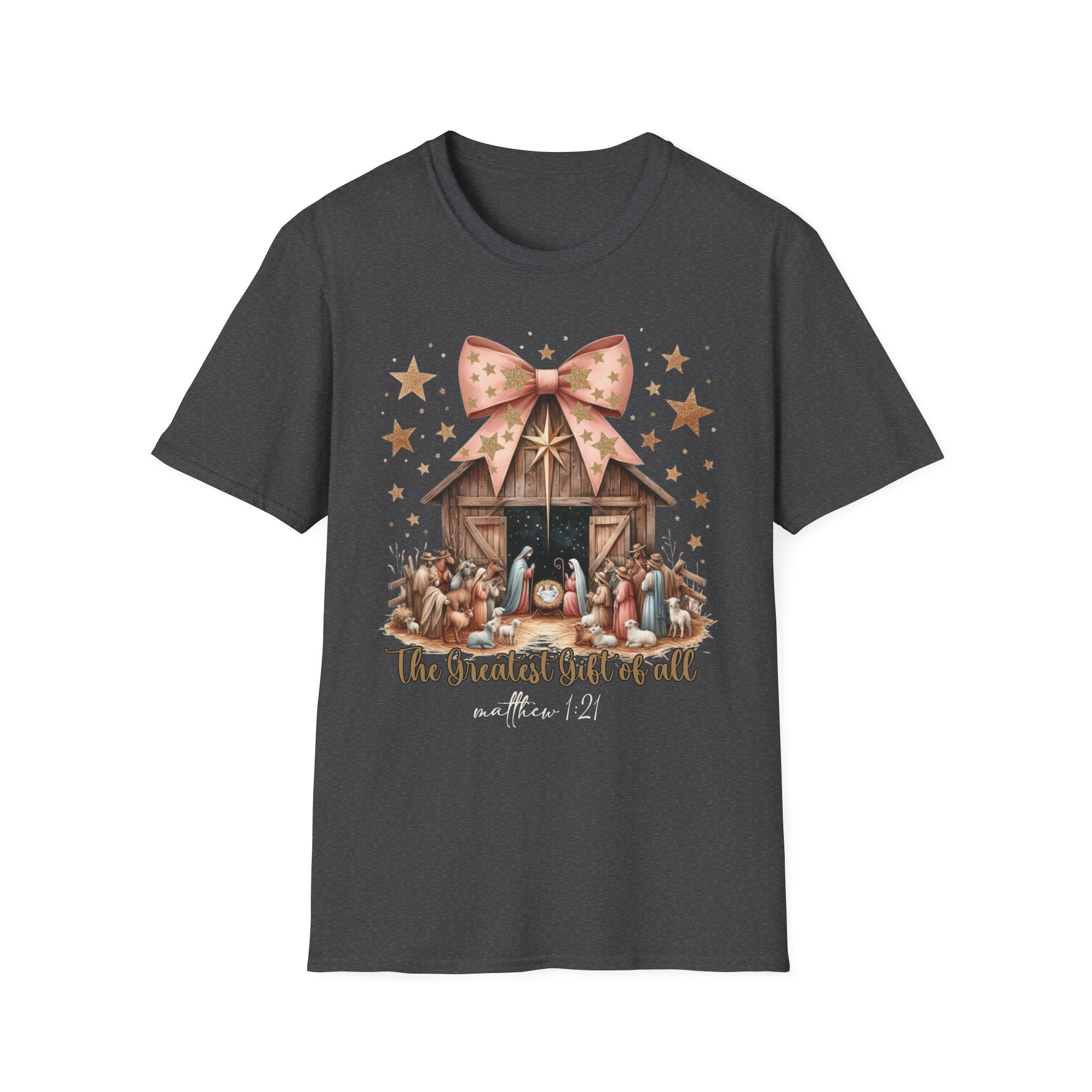 Nativity Scene T-Shirt, Christmas Gift, Holiday Apparel, Faith-Based Top, Family Gathering Tee, Religious Celebrations, Unisex Softstyle Tee