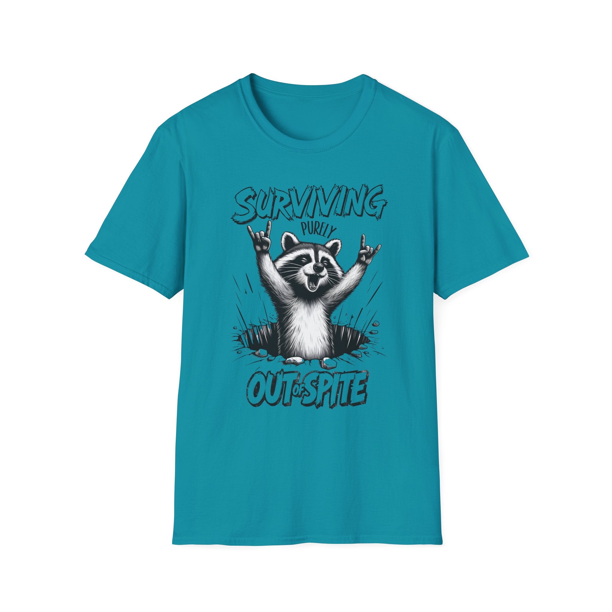 Raccoon Rocker T-Shirt | Surviving Out of Spite | Unisex Humor Top, Gift for Animal Lovers, Fun Casual Wear, Music Lovers Tee, Unique