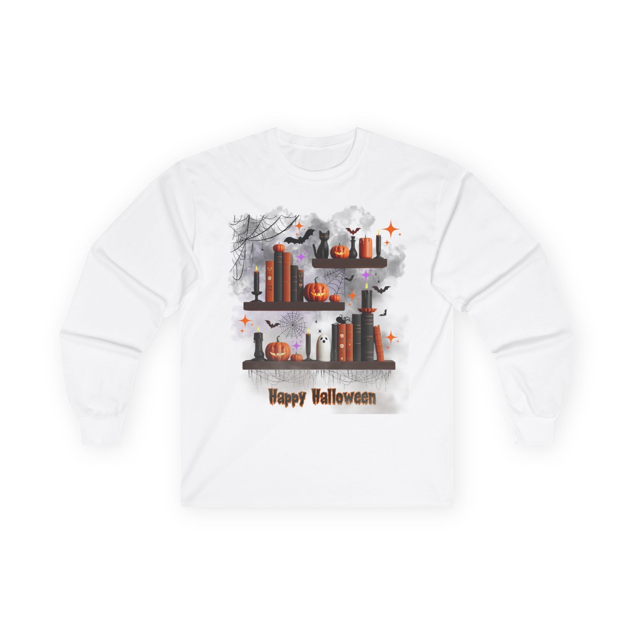 Happy Halloween Long Sleeve Tee, Stylish Fall Fashion Shirt, Seasonal Costume Apparel, Halloween Layering Top, Holiday Unisex Cotton Tee